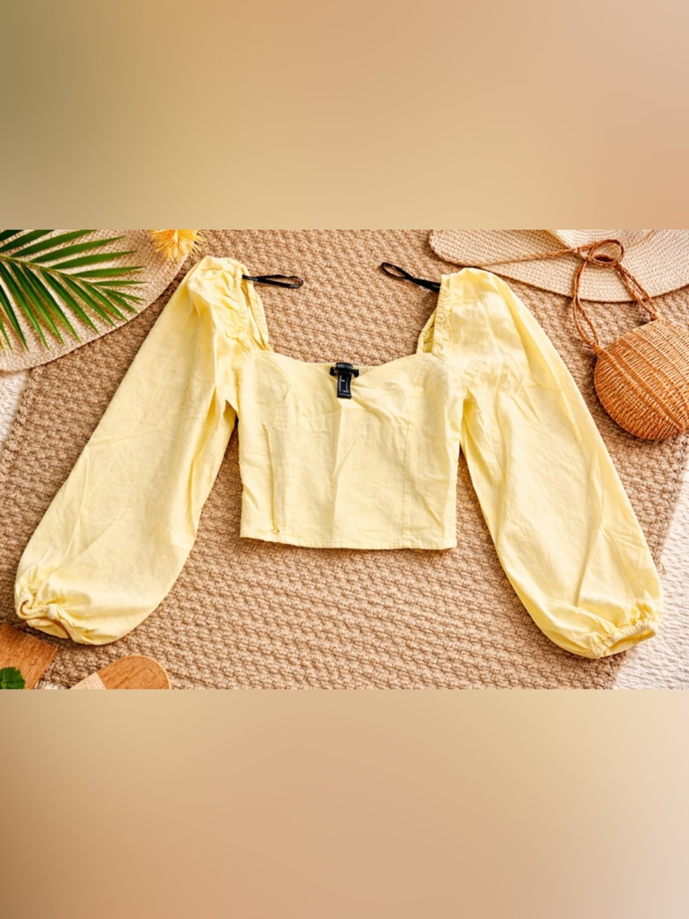 Forever 21 Yellow Puff-Sleeve Square-Neck Crop Top